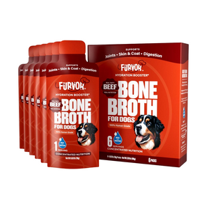 Furvor Beef Bone Broth Hydration Booster single-serve packs and box — concentrated nutrition, mix with water