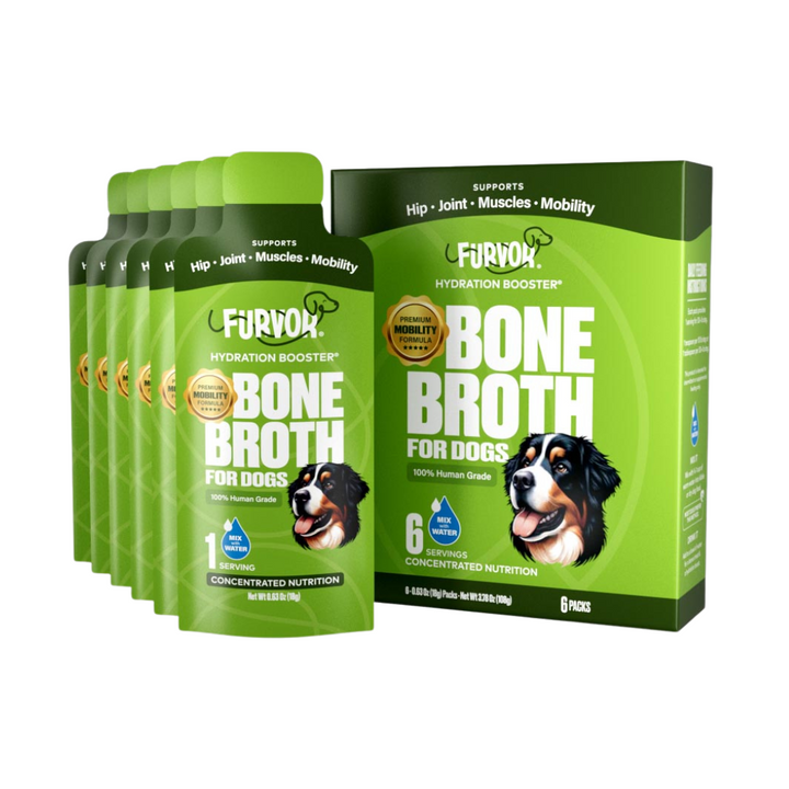 Furvor Mobility Bone Broth Hydration Booster single-serve packs and box — premium mobility formula, mix with water