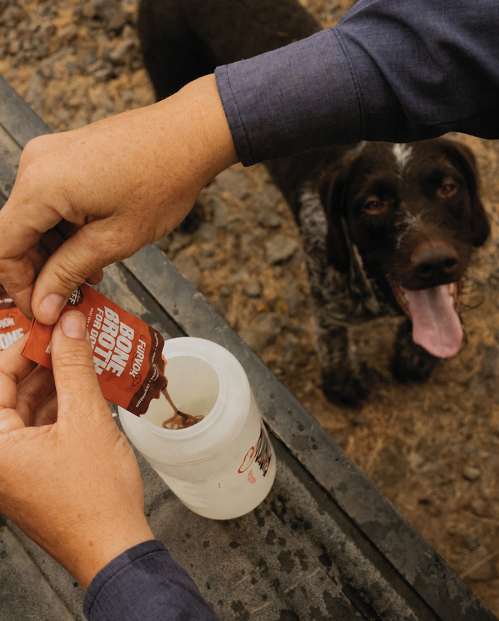 Furvor bone broth concentrate for dogs being poured