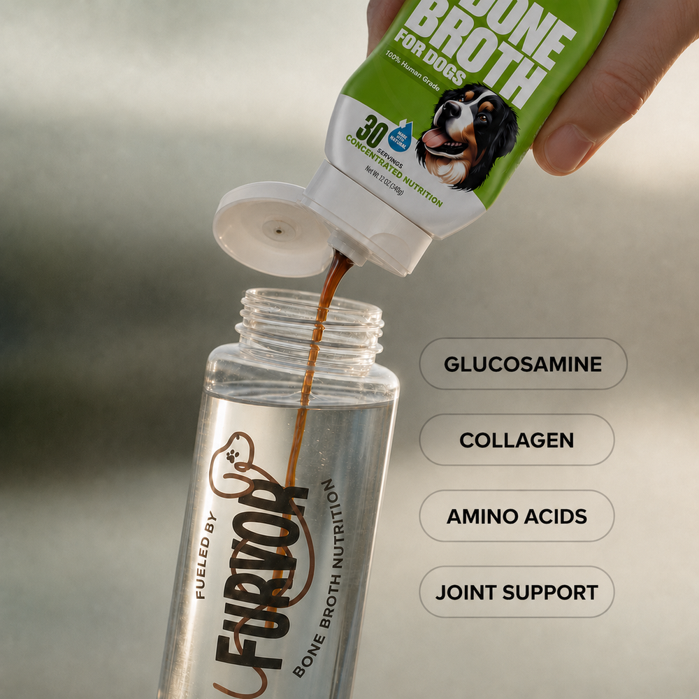 Furvor bone broth concentrate for dogs being poured