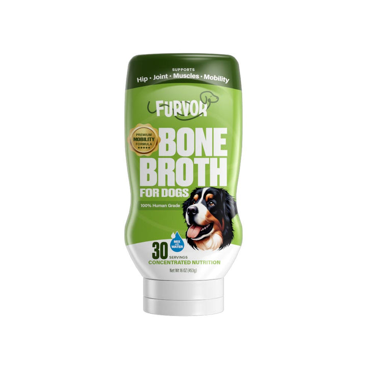 Furvor Mobility Bone Broth for Dogs 16 oz squeeze bottle, front label — premium mobility formula for hips, joints, and muscles