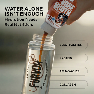 Furvor Beef Bone Broth concentrate pouring into a water bottle — electrolytes, protein, amino acids, and collagen