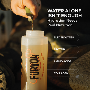 Furvor Mobility single-serve pack poured into a water bottle — electrolytes, protein, amino acids, and collagen