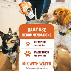 Daily use recommendations for Furvor Chicken Bone Broth — 1 teaspoon per 10 lbs, 1 tablespoon for 30+ lbs, mix with water
